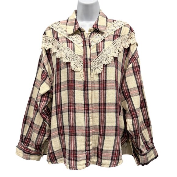 Zara Plaid Lace Cabincore Western Boho Prairie Button Down Shirt Womens L - Picture 1 of 13